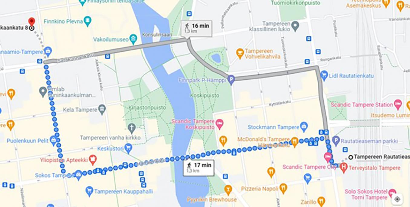 Tampereen keskustan kartta, jossa reitti rautatieasemalta TSNV:n toimistolle merkitty sinisillä palloilla.